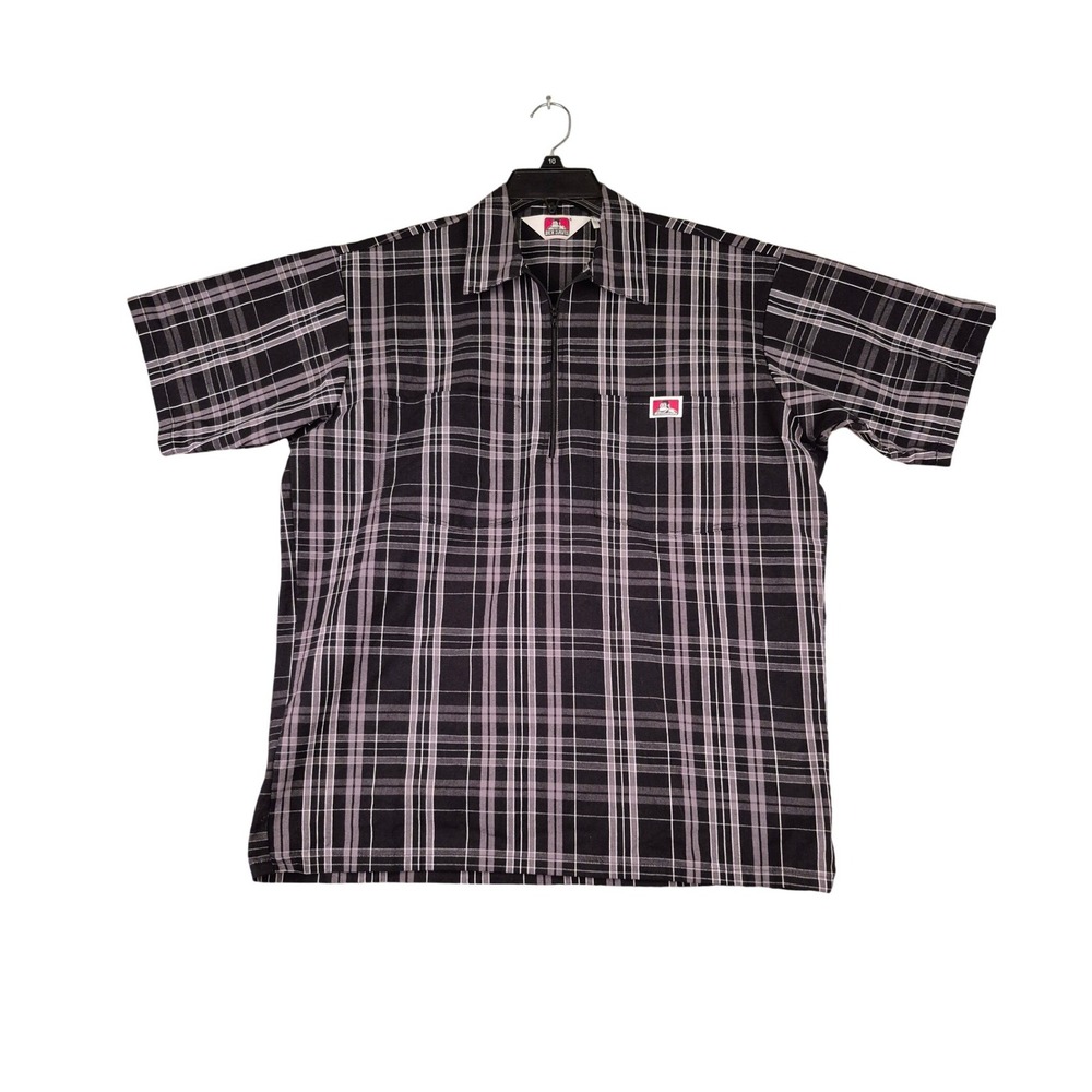 Ben Davis Mens Black Grey Plaid‎ Half Zip Short Sleeve Work Shirt Medium